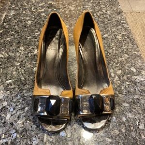 Tory Burch tan Leather  w/jeweled open toe 3” heel